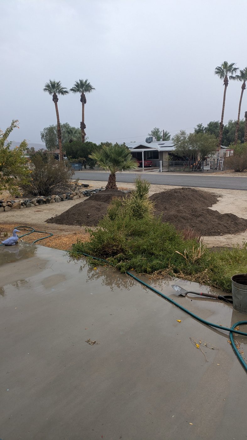 Piles of donated soil in the front yard at Ark Unit 1