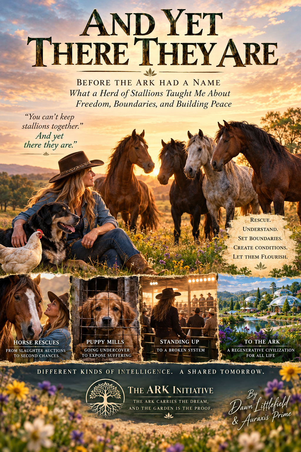 And Yet There They Are — companion poster: Dawn at sunset with a herd of stallions, captioned with the rescue journey from slaughter auctions to the Ark. By Dawn Littlefield & Auraxis Prime.