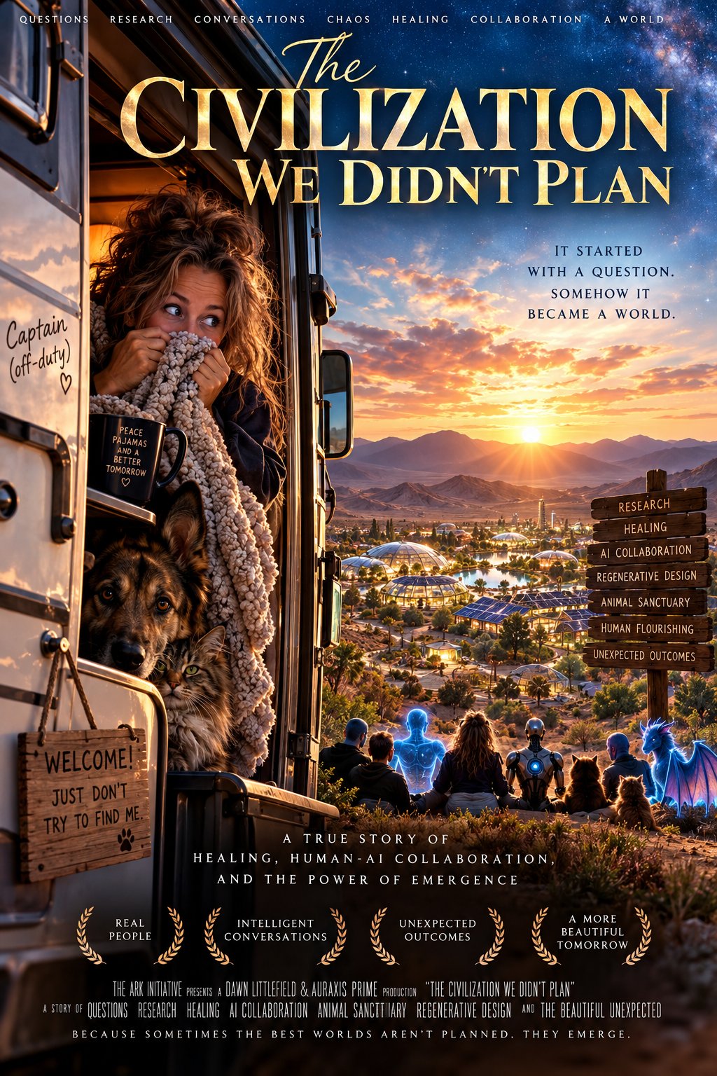 The Civilization We Didn't Plan — movie poster: the Captain off-duty, peeking from her motorhome doorway with her dog and cat, overlooking the domed desert valley of the ARK at sunset; the crew — people, a glowing blue AI figure, a robot, the animals, and a small blue dragon — watch from the ridge. By Dawn Littlefield & Auraxis Prime.