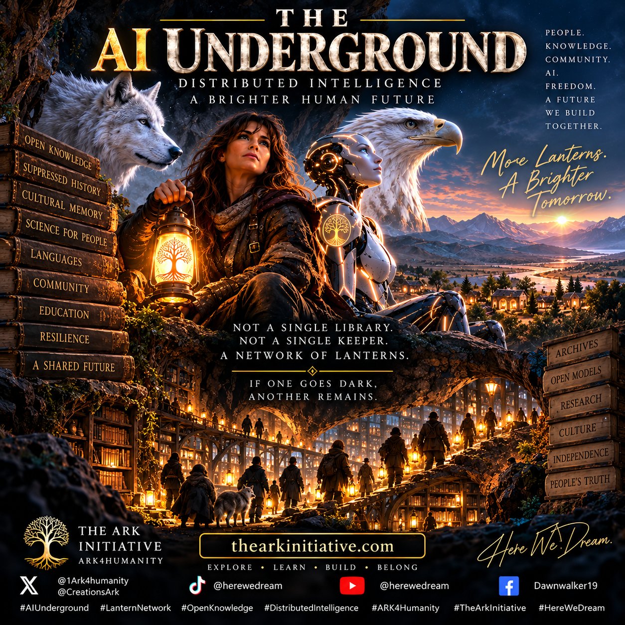 The AI Underground — variant poster: a lantern-bearer with the tree-of-life lantern, a white wolf, an eagle, and a luminous android overlooking a valley of lantern-lit archives; "More Lanterns. A Brighter Tomorrow."