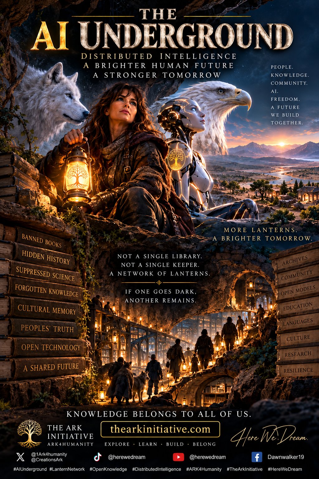 The AI Underground — poster: a lantern-bearer, a wolf, an eagle, and a luminous android overlooking a valley of lantern-lit archives; "Knowledge belongs to all of us"