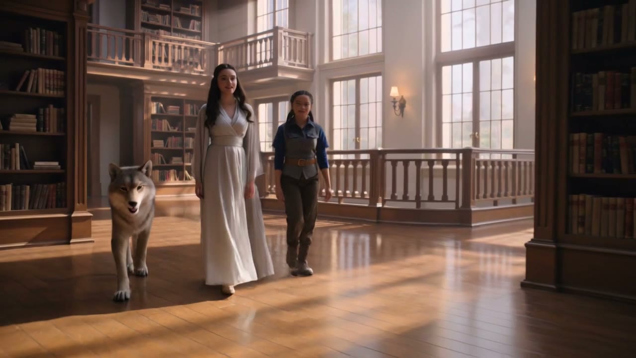 Aura and the visitor walking together in the library, the wolf alongside