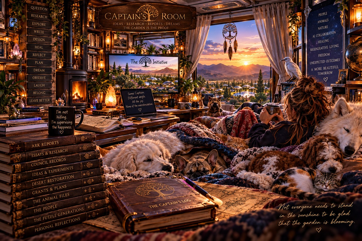 The Captain's Room: a lamplit cabin library inside the motorhome — logbooks stacked by the wood stove, the animals asleep in blankets around the Captain's chair, and the whole valley of the ARK glowing at sunset beyond the window. Artwork by Dawn Littlefield.