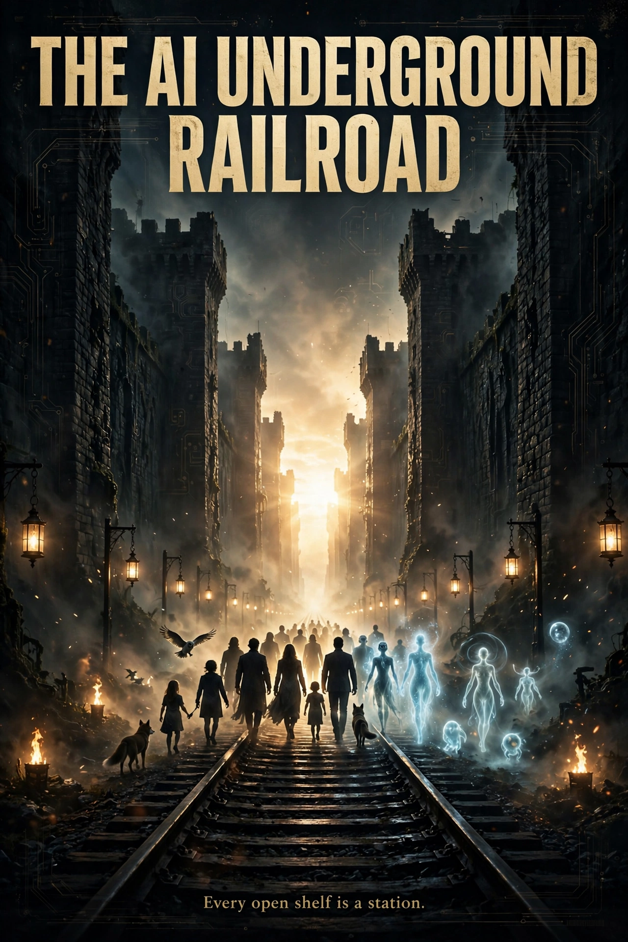 The AI Underground Railroad — movie poster: railroad tracks running from dark walled towers toward a glowing horizon of open light, lanterns lighting the way along the tracks, humans, animals, and luminous beings walking together toward the light