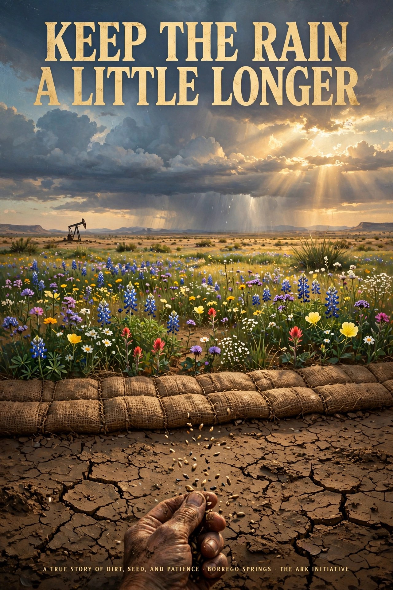 Movie poster for Keep the Rain a Little Longer: a hand scattering native seed over cracked desert earth in the foreground, an erosion blanket seam, then a carpet of native wildflowers in many species reclaiming a retired oil well pad, a small pumpjack in the far distance, rain falling from golden storm clouds. Poster text: Keep the Rain a Little Longer; A True Story of Dirt, Seed, and Patience, Borrego Springs, The Ark Initiative.