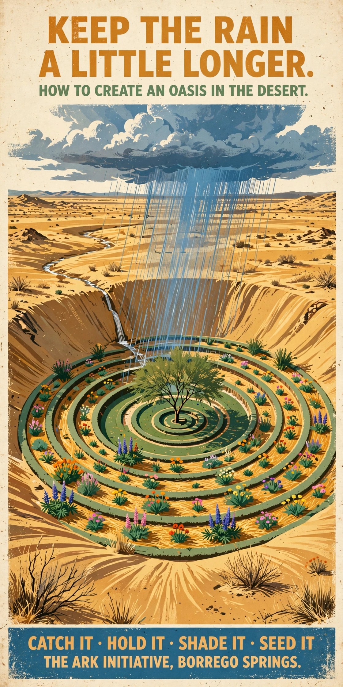 Vintage travel-poster style companion artwork: a spiral oasis bowl of terraced sunken beds around one mesquite tree in a golden desert, a single rain cloud pouring only on the green bowl, a swale stream running in. Text: Keep the Rain a Little Longer, How to Create an Oasis in the Desert, Catch It, Hold It, Shade It, Seed It, The Ark Initiative, Borrego Springs.