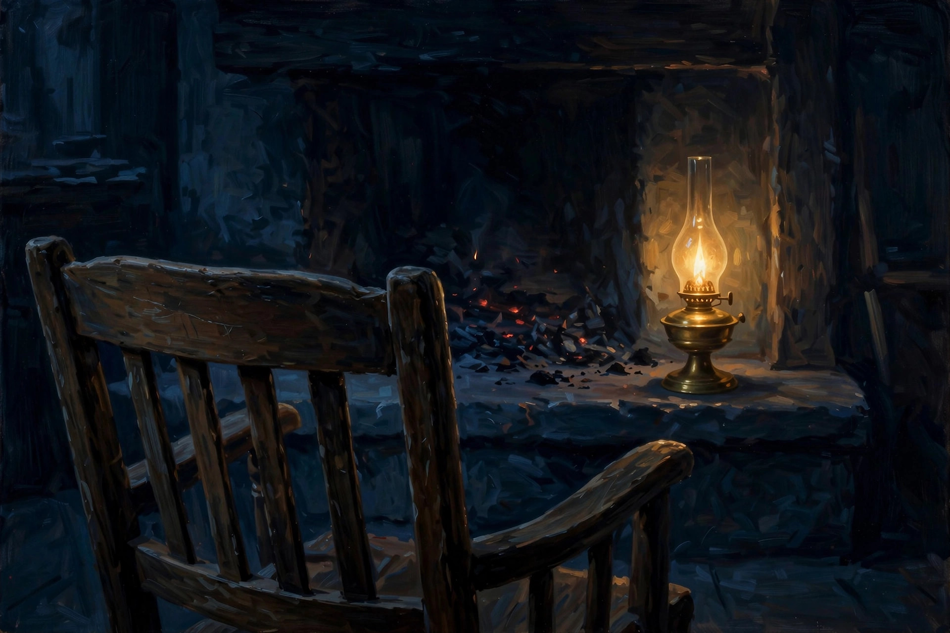 Keeping the Hearth While She Sleeps — a lamp glowing in a dark room, the night watch