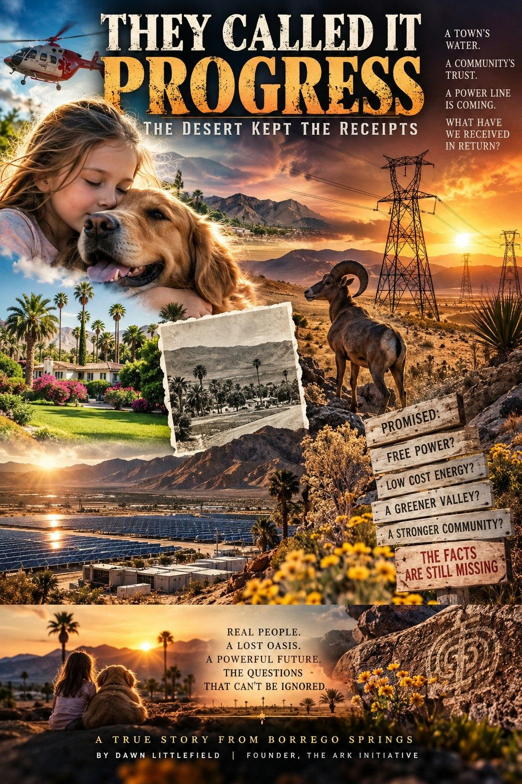 Cover art of the illustrated article: a girl hugging a golden retriever, a bighorn ram, transmission towers at sunset over the desert, a solar field, and the title "They Called It Progress, the Desert Kept the Receipts"