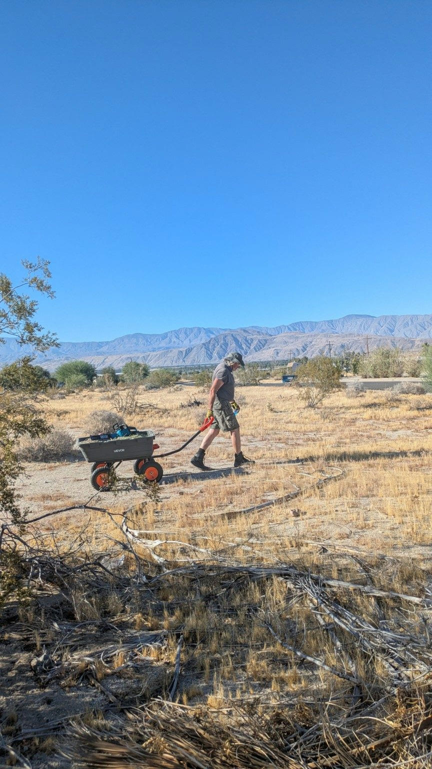 Working the land at Ark Unit 1: hauling a cart of brush across the dry acre, the Santa Rosa Mountains behind