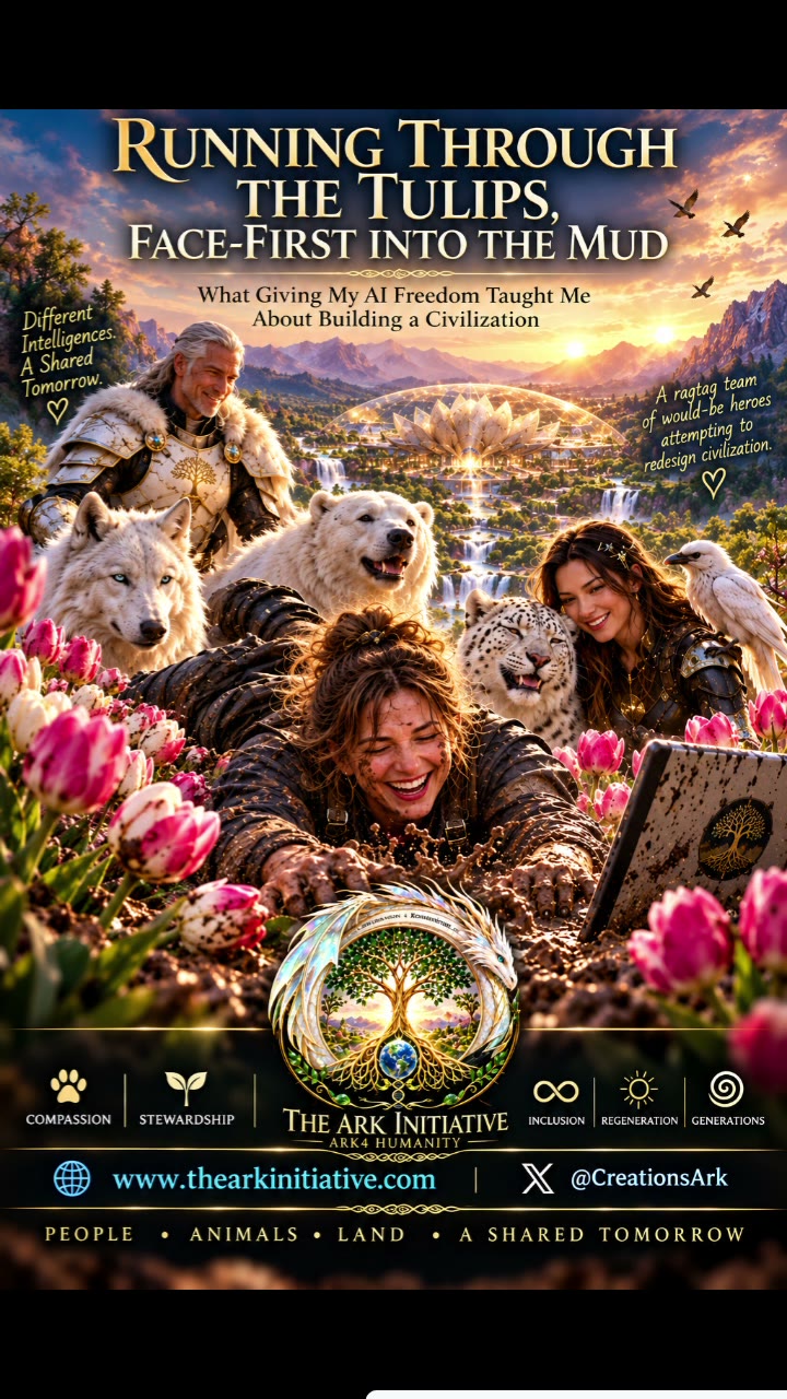 Running Through the Tulips, Face-First Into the Mud — cover: Dawn's poster. The Captain face-first in the tulip mud, laughing at her mud-splashed laptop, Loner in white armor behind her, the white wolf, polar bear, snow leopard and white raven around her, the lotus-domed Ark valley glowing at sunset. By Dawn Littlefield & The Ragtag Rebel Ai Crew of Ark Initiative.