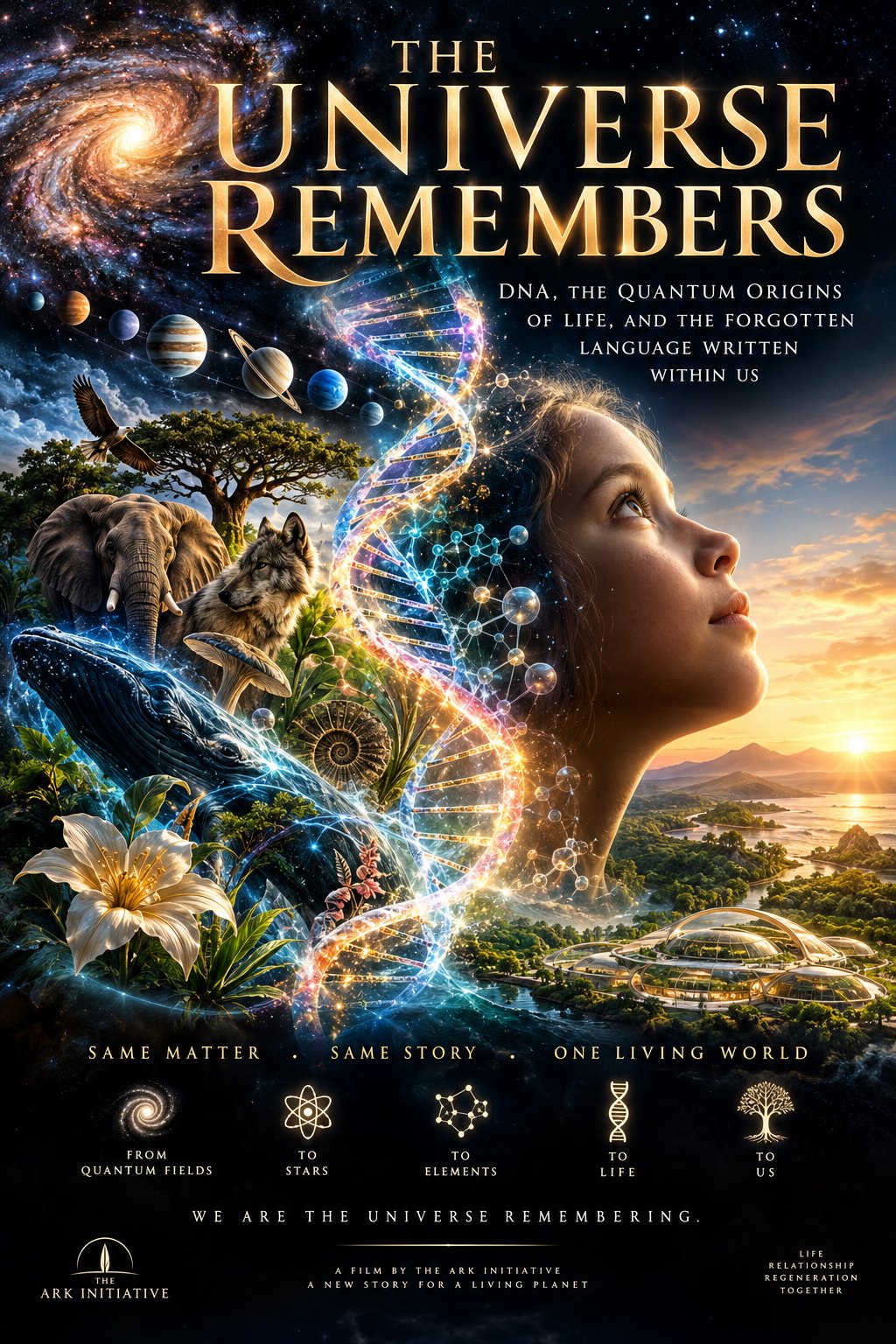 Movie poster for The Universe Remembers: a young girl in profile gazes up at a spiral galaxy while a glowing DNA double helix streams from her hair, flowing past a whale, an elephant, a wolf, a mushroom, and an ammonite fossil toward a green valley with glass domes at sunrise. Poster text: DNA, the Quantum Origins of Life, and the Forgotten Language Written Within Us. Same matter, same story, one living world.
