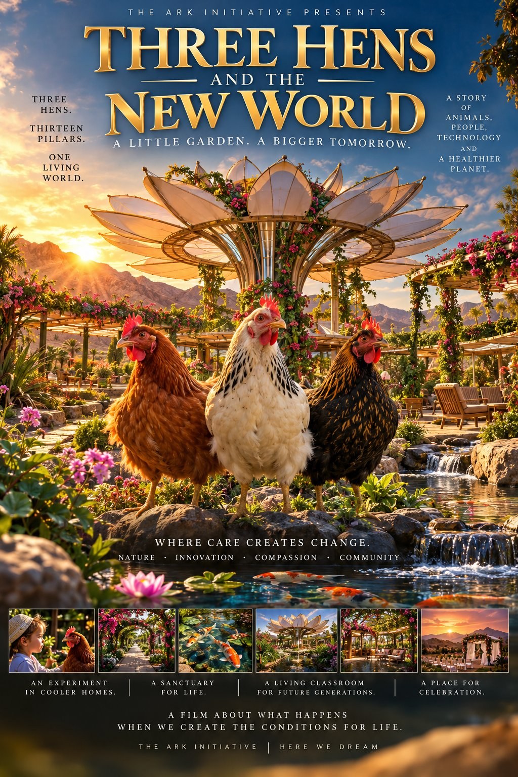 Movie poster for Three Hens and the New World: three hens, one russet, one white, one black and gold, stand on rocks beside a garden stream with koi, under a great lotus-petal canopy in a flowering desert sanctuary at sunset. Poster text: The Ark Initiative Presents, Three Hens and the New World, A Little Garden, A Bigger Tomorrow, Where Care Creates Change, A film about what happens when we create the conditions for life.