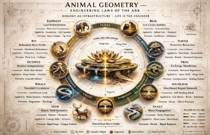 The Animal Geometry canon sheet: the engineering laws of the Ark drawn from animal form, owl, turtle, serpent, bee, and deer, biology as infrastructure
