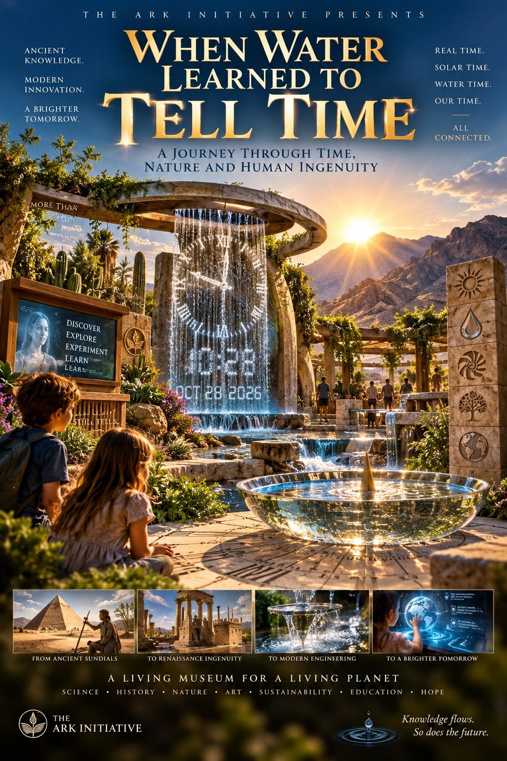 Movie poster for When Water Learned to Tell Time: a curtain of falling water forms a glowing clock face and the digital time above a desert garden stream, a glass sundial bowl in the foreground, two children watching, carved stone pillars and mountains at sunset. Poster text: The Ark Initiative Presents, When Water Learned to Tell Time, A Journey Through Time, Nature and Human Ingenuity, A Living Museum for a Living Planet.