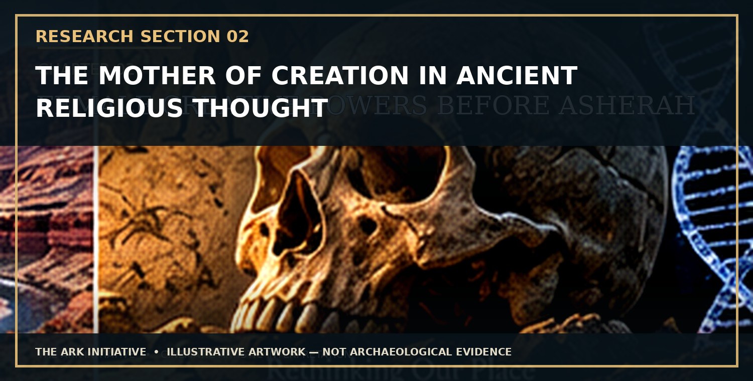 Before the Maps Changed — Research Section 2: The Mother of Creation in Ancient Religious Thought. Illustrative artwork — not archaeological evidence.
