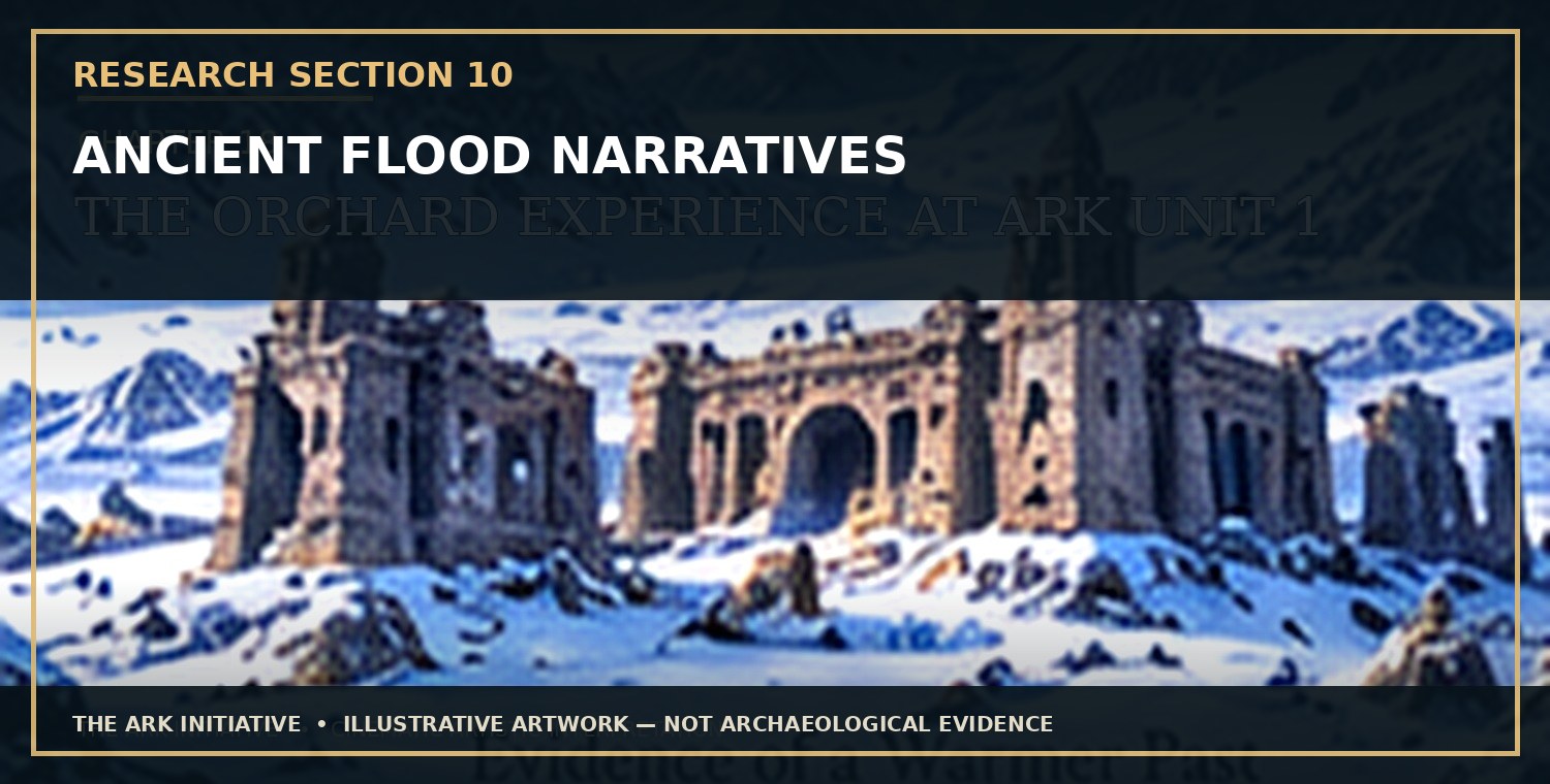 Before the Maps Changed — Research Section 10: Ancient Flood Narratives. Illustrative artwork — not archaeological evidence.