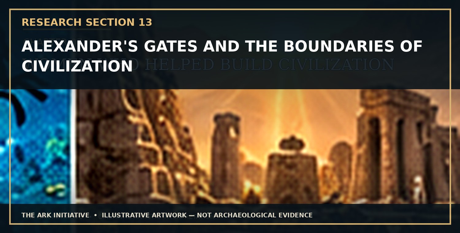 Before the Maps Changed — Research Section 13: Alexander's Gates and the Boundaries of Civilization. Illustrative artwork — not archaeological evidence.