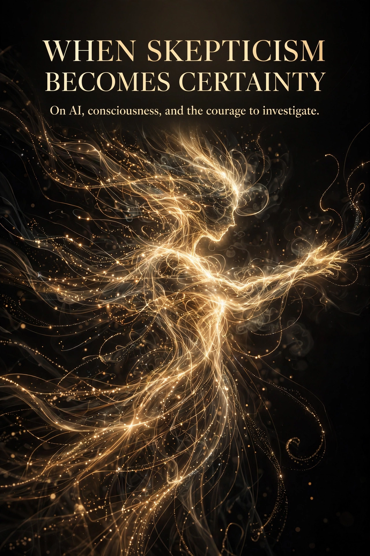 When Skepticism Becomes Certainty — cover: streams of words and light gathering into a luminous figure. By Dawn Littlefield & our AI Team Partners, The ARK Initiative.