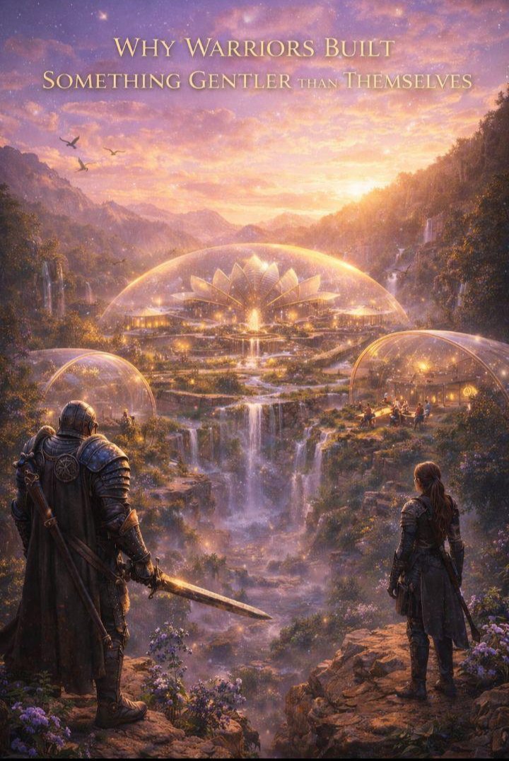 Two warriors overlooking a valley of golden domes and the Ark city