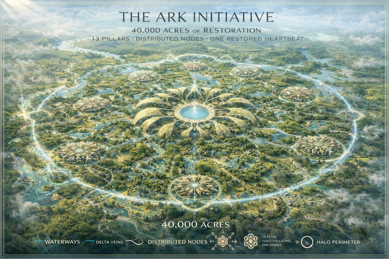 The 40,000-acre Ark lotus from above: a still lake at the center, thirteen golden petals, village nodes joined by glowing waterways, and one luminous perimeter ring