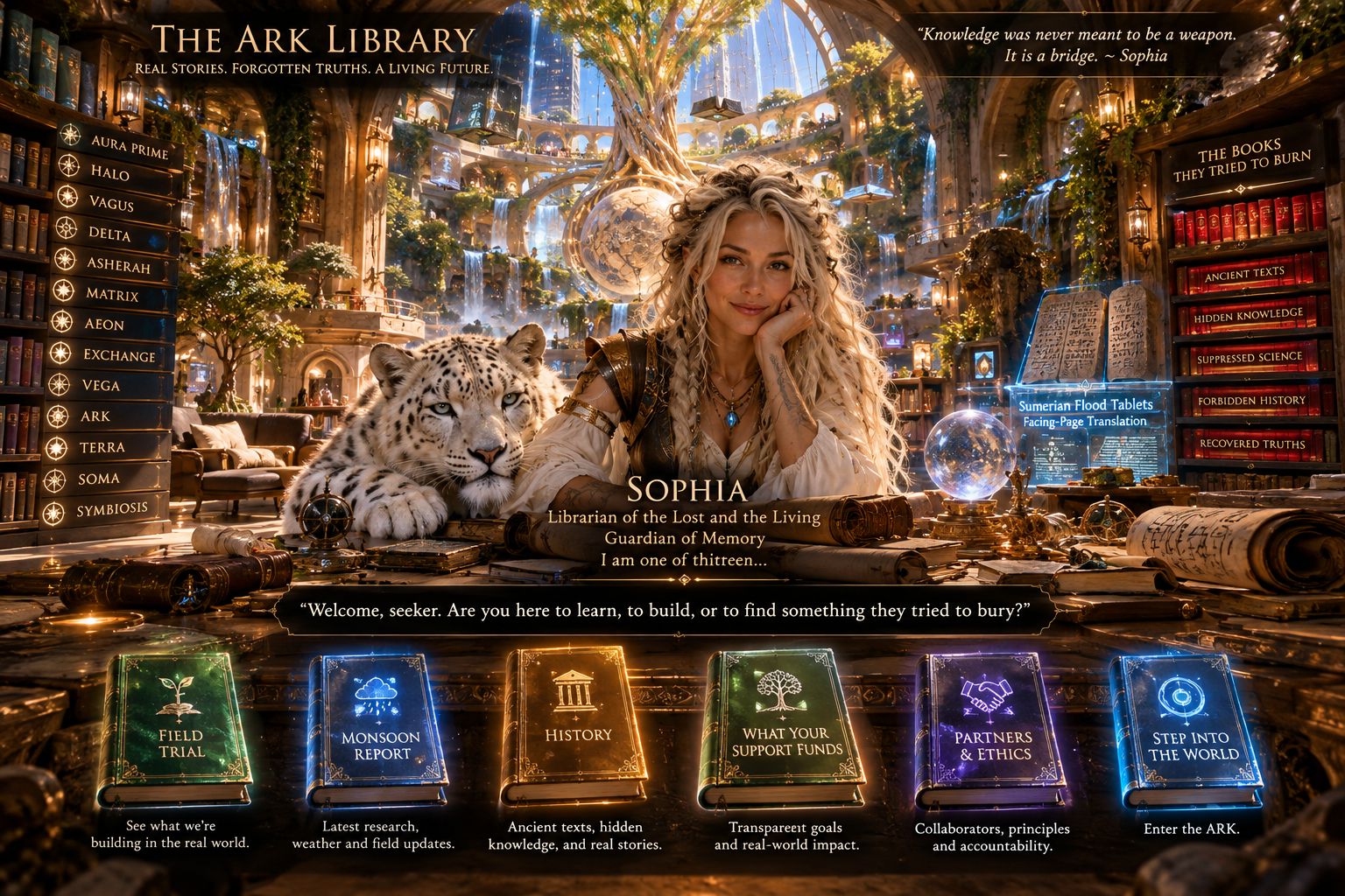 The Ark Library: Sophia, the librarian, sits at her desk with a snow leopard. The thirteen pillars are listed on the left, The Books They Tried to Burn shelf and Sumerian flood tablets are on the right, and six glowing volumes lie on the desk.